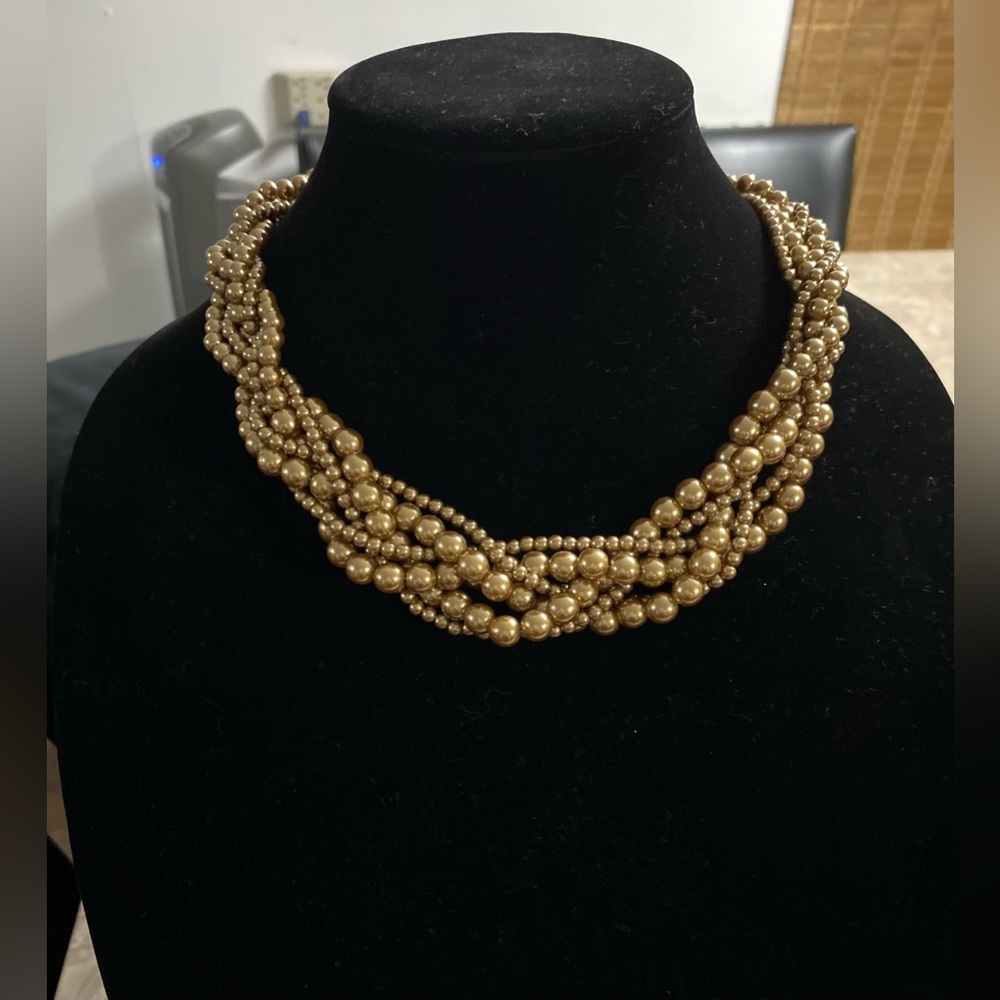 SHB Vintage Signed Golden Twisted Strand woven imitation pearl beaded Necklace.
